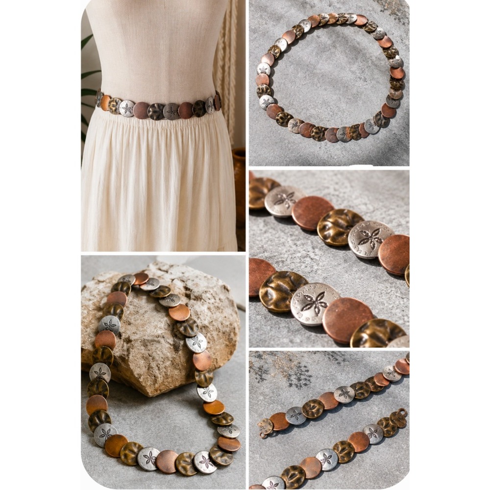 Mixed Metal Coin Stretch Belt Boho Hammered Floral Medallion Copper Silver Brass